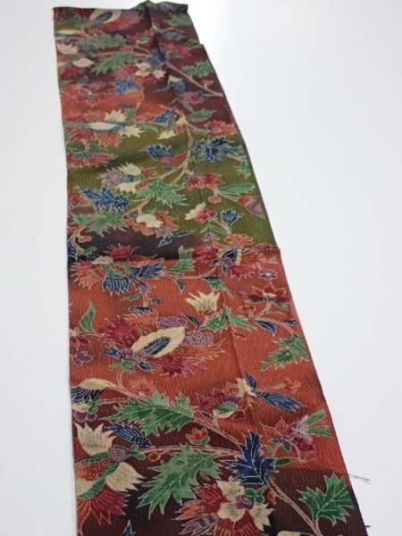Photo3: 1B10z30  Japanese Kimono Crepe Silk  FABRIC Karahana Red-Brown 38.6x7.1 (3)
