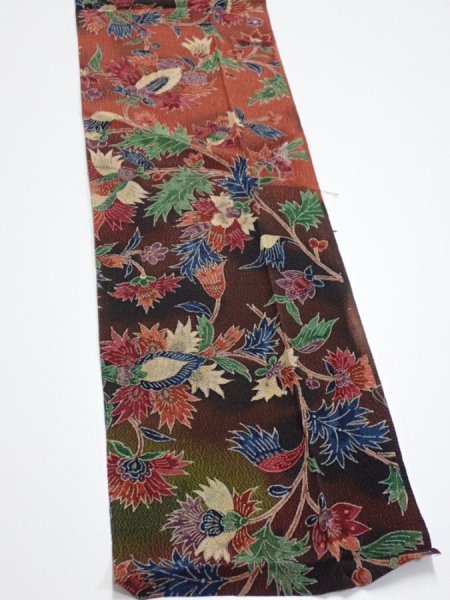 Photo4: 1B10z30  Japanese Kimono Crepe Silk  FABRIC Karahana Red-Brown 38.6x7.1 (4)