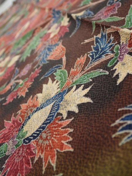 Photo5: 1B10z30  Japanese Kimono Crepe Silk  FABRIC Karahana Red-Brown 38.6x7.1 (5)