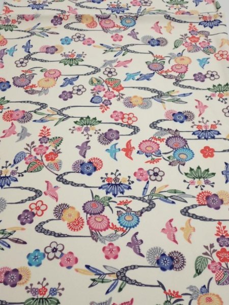 Photo1: 1B01z50  Japanese Kimono Silk  FABRIC Flowers Off-white 35.4x14.6 (1)