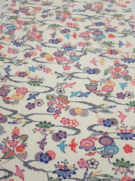 Photo1: 1B02z90  Japanese Kimono Silk  FABRIC Flowers Off-white 64.6x14.6 (1)