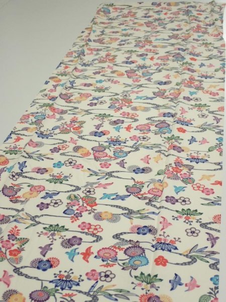 Photo3: 1B02z90  Japanese Kimono Silk  FABRIC Flowers Off-white 64.6x14.6 (3)