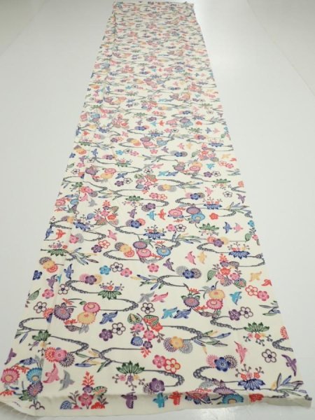 Photo5: 1B02z90  Japanese Kimono Silk  FABRIC Flowers Off-white 64.6x14.6 (5)