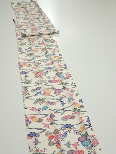 Photo3: 1B07z60  Japanese Kimono Silk  FABRIC Flowers Off-white 82.7x7.3 (3)