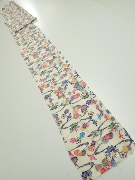 Photo5: 1B07z60  Japanese Kimono Silk  FABRIC Flowers Off-white 82.7x7.3 (5)