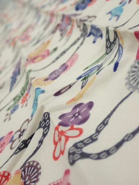 Photo5: 1B08z30  Japanese Kimono Silk  FABRIC Flowers Off-white 33.1x7.3 (5)