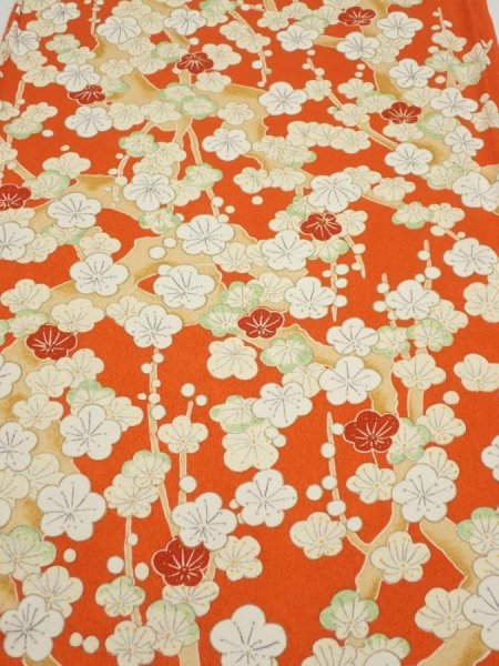 Photo1: 1i01z80  Japanese Kimono Silk  FABRIC Plum tree Orange-red 60.6x14.6 (1)