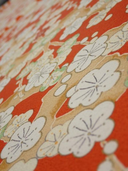 Photo4: 1i01z80  Japanese Kimono Silk  FABRIC Plum tree Orange-red 60.6x14.6 (4)