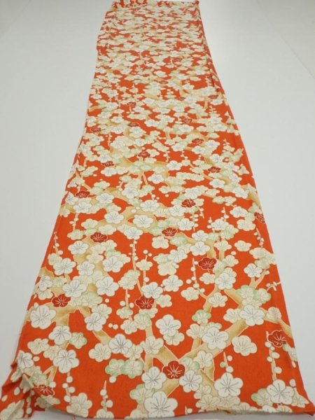 Photo5: 1i01z80  Japanese Kimono Silk  FABRIC Plum tree Orange-red 60.6x14.6 (5)