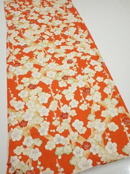 Photo2: 1i02z80  Japanese Kimono Silk  FABRIC Plum tree Orange-red 60.6x14.6 (2)
