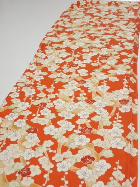 Photo3: 1i02z80  Japanese Kimono Silk  FABRIC Plum tree Orange-red 60.6x14.6 (3)