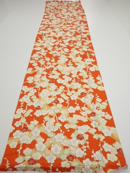 Photo5: 1i03z80  Japanese Kimono Silk  FABRIC Plum tree Orange-red 61.4x14.6 (5)