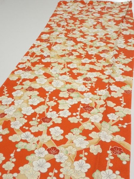 Photo3: 1i05z80  Japanese Kimono Silk  FABRIC Plum tree Orange-red 61.4x14.6 (3)