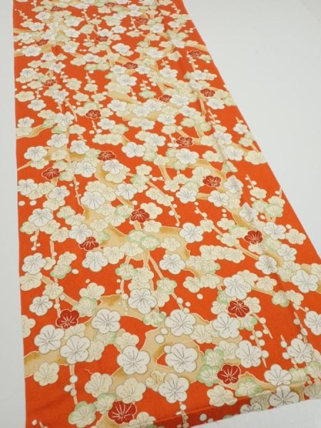 Photo2: 1i06z80  Japanese Kimono Silk  FABRIC Plum tree Orange-red 61.4x14.6 (2)