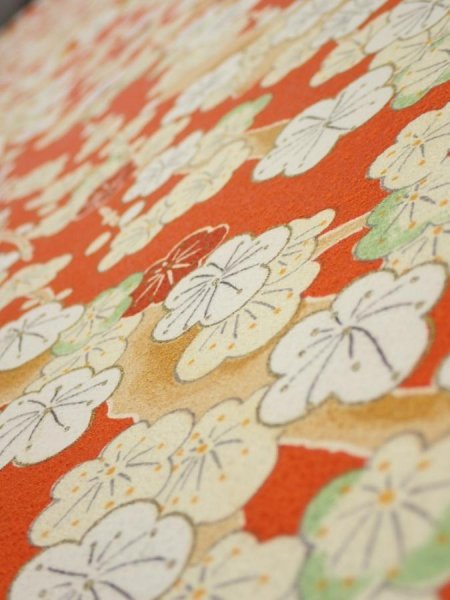 Photo4: 1i06z80  Japanese Kimono Silk  FABRIC Plum tree Orange-red 61.4x14.6 (4)