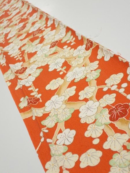 Photo1: 1i07z40  Japanese Kimono Silk  FABRIC Plum tree Orange-red 57.1x7.3 (1)