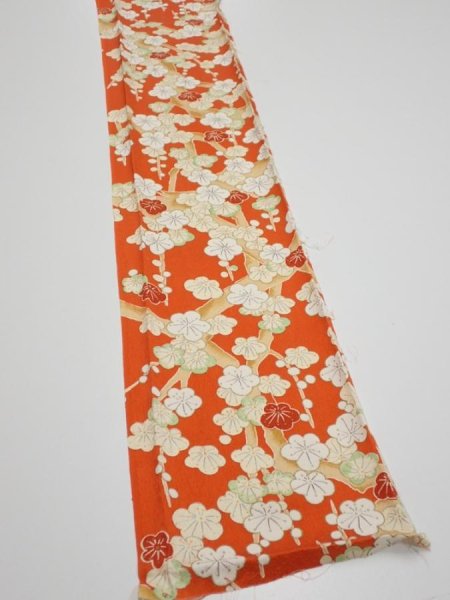 Photo2: 1i07z40  Japanese Kimono Silk  FABRIC Plum tree Orange-red 57.1x7.3 (2)