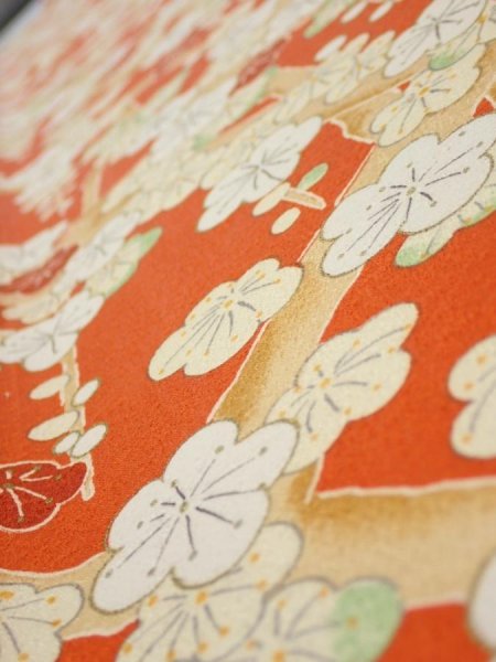 Photo4: 1i08z40  Japanese Kimono Silk  FABRIC Plum tree Orange-red 57.1x7.3 (4)