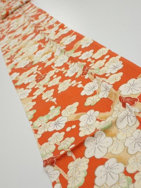 Photo1: 1i09z60  Japanese Kimono Silk  FABRIC Plum tree Orange-red 86.6x7.1 (1)