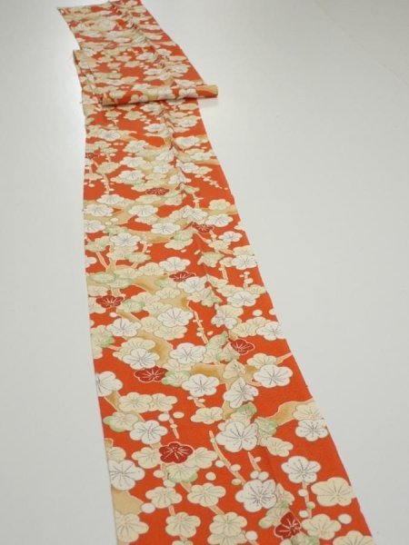 Photo4: 1i09z60  Japanese Kimono Silk  FABRIC Plum tree Orange-red 86.6x7.1 (4)
