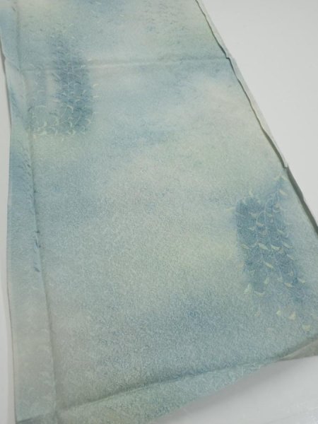 Photo2: 1i02z50  Japanese Kimono Silk  FABRIC Willow Light blue-gray 37.8x14.4 (2)