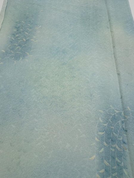 Photo1: 1i05z80  Japanese Kimono Silk  FABRIC Willow Light blue-gray 62.2x14.4 (1)