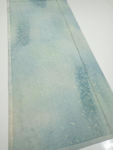 Photo2: 1i06z80  Japanese Kimono Silk  FABRIC Willow Light blue-gray 62.2x14.4 (2)