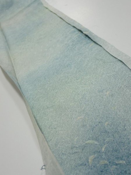 Photo1: 1i07z40  Japanese Kimono Silk  FABRIC Willow Light blue-gray 57.1x7.3 (1)