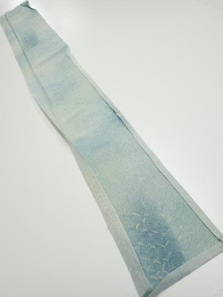 Photo5: 1i08z40  Japanese Kimono Silk  FABRIC Willow Light blue-gray 57.1x7.1 (5)