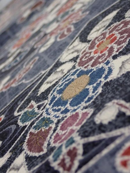 Photo4: 1i01z60  Japanese Kimono Silk  FABRIC Flowers Dark navy 40.2x14.6 (4)
