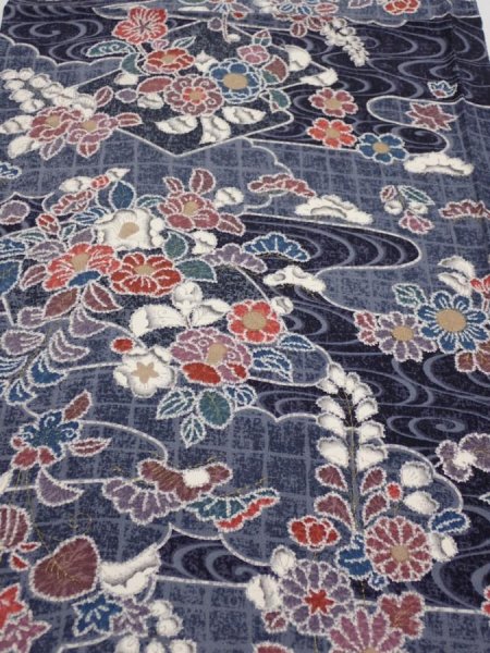 Photo1: 1i02z60  Japanese Kimono Silk  FABRIC Flowers Dark navy 39.8x14.6 (1)