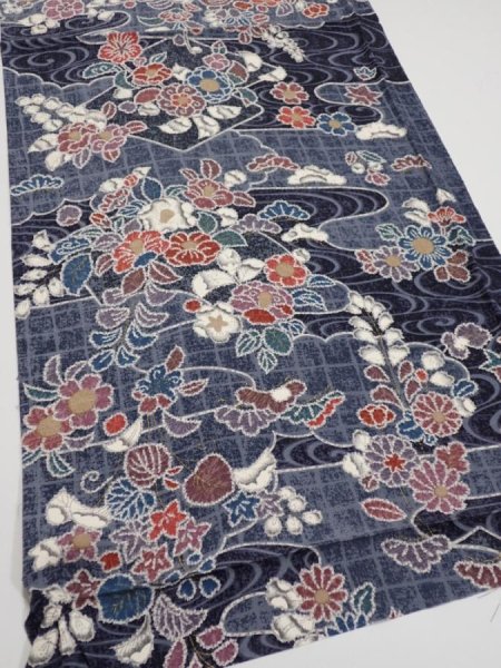 Photo2: 1i02z60  Japanese Kimono Silk  FABRIC Flowers Dark navy 39.8x14.6 (2)