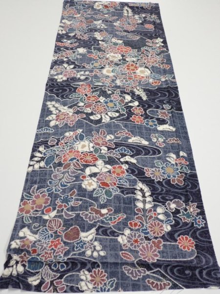 Photo5: 1i02z60  Japanese Kimono Silk  FABRIC Flowers Dark navy 39.8x14.6 (5)