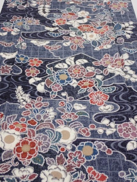 Photo1: 1i04z90  Japanese Kimono Silk  FABRIC Flowers Dark navy 66.9x14.6 (1)