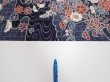 Photo7: 1i04z90  Japanese Kimono Silk  FABRIC Flowers Dark navy 66.9x14.6 (7)