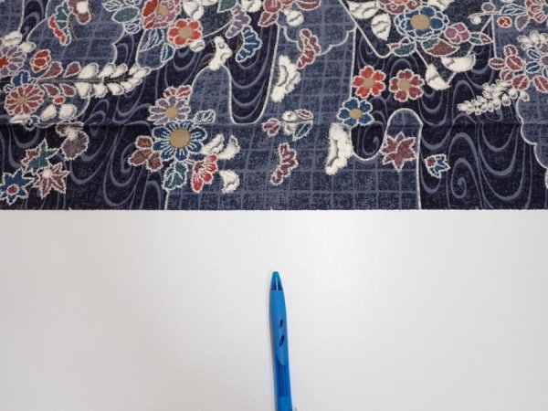 Photo6: 1i06z90  Japanese Kimono Silk  FABRIC Flowers Dark navy 67.7x14.6 (6)