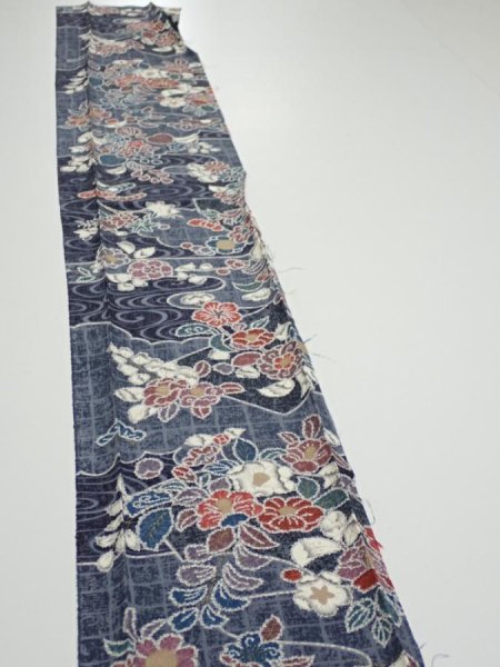 Photo3: 1i07z40  Japanese Kimono Silk  FABRIC Flowers Dark navy 58.7x7.5 (3)