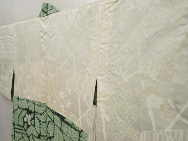 Photo7: 6420T01z520 Vintage Japanese Kimono Silk SHIBORI HAORI  Light green (7)