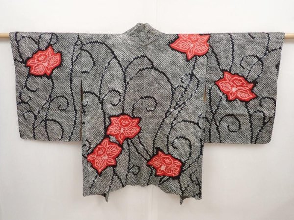 Photo1: 6420T03z510 Vintage Japanese Kimono Silk SHIBORI HAORI Flower Black (1)
