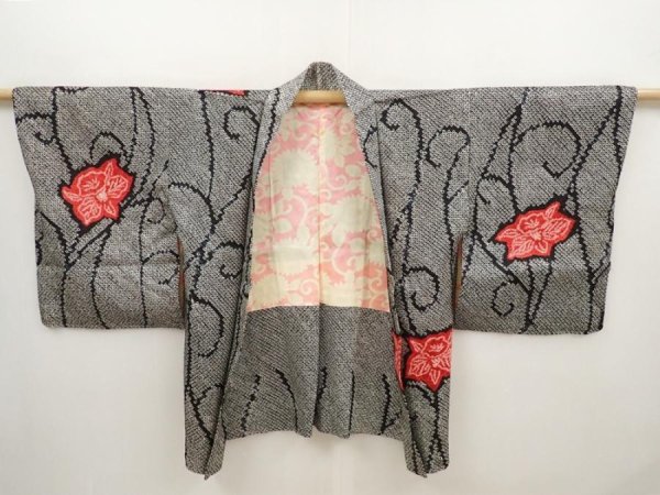 Photo5: 6420T03z510 Vintage Japanese Kimono Silk SHIBORI HAORI Flower Black (5)