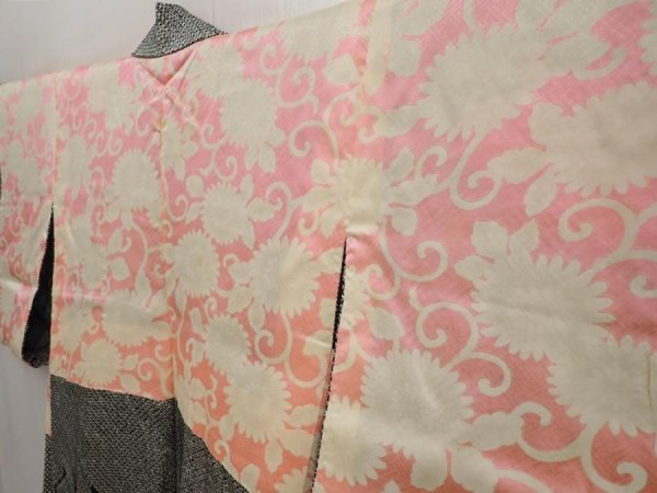 Photo7: 6420T03z510 Vintage Japanese Kimono Silk SHIBORI HAORI Flower Black (7)