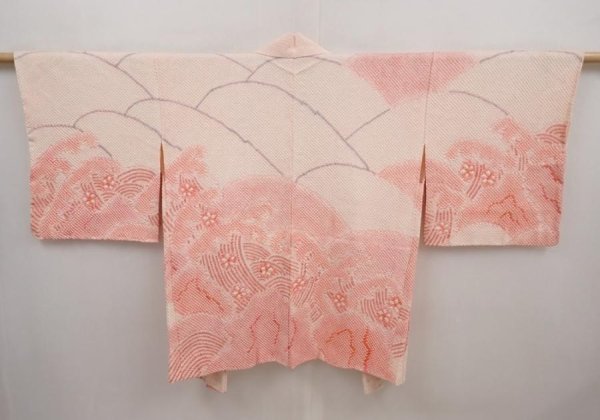 Photo1: 6420T05z480 Vintage Japanese Kimono Silk SHIBORI HAORI Wave Pink (1)