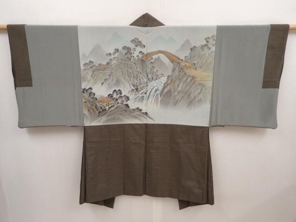Photo1: 6420T06z550 Vintage Japanese Kimono Silk Men's OSHIMAHAORI  Dull olive (1)