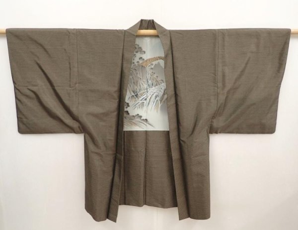 Photo6: 6420T06z550 Vintage Japanese Kimono Silk Men's OSHIMAHAORI  Dull olive (6)