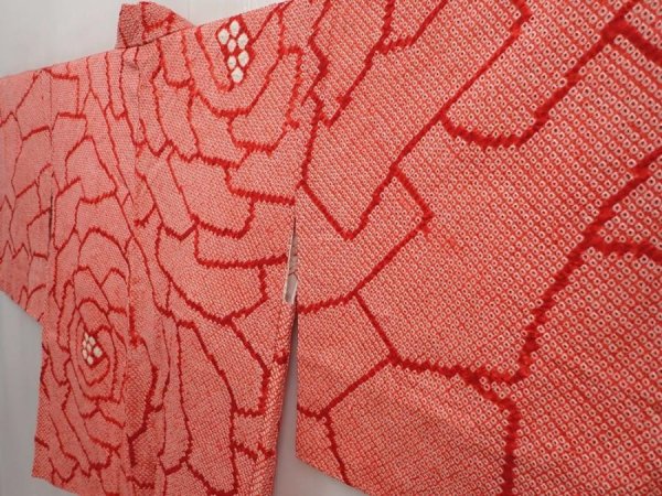 Photo2: 6420T07z460 Vintage Japanese Kimono Silk SHIBORI HAORI Flower Red (2)