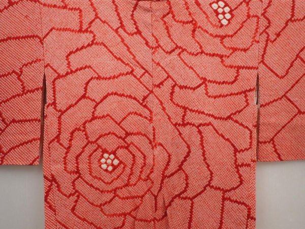 Photo3: 6420T07z460 Vintage Japanese Kimono Silk SHIBORI HAORI Flower Red (3)
