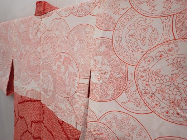 Photo7: 6420T07z460 Vintage Japanese Kimono Silk SHIBORI HAORI Flower Red (7)