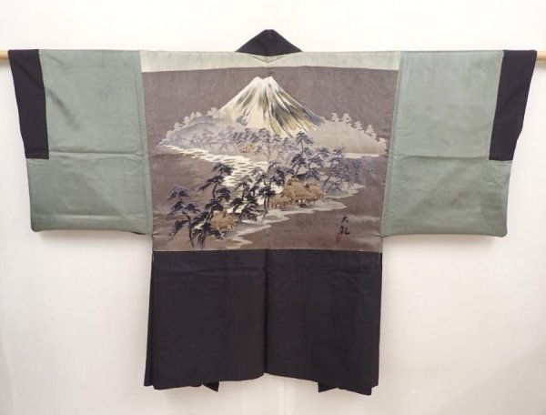 Photo1: 6420T08z440 Vintage Japanese Kimono Silk Men's OSHIMA HAORI Mt.Fuji Black (1)
