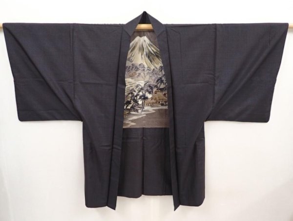 Photo6: 6420T08z440 Vintage Japanese Kimono Silk Men's OSHIMA HAORI Mt.Fuji Black (6)