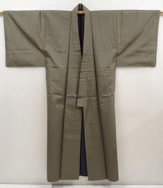 Photo6: 6420T11z810  Japanese Kimono Silk Men's   Dull olive (6)